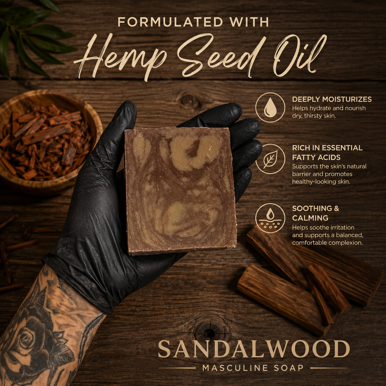 SANDALWOOD: Tallow + Hemp Seed Handmade Masculine Soap