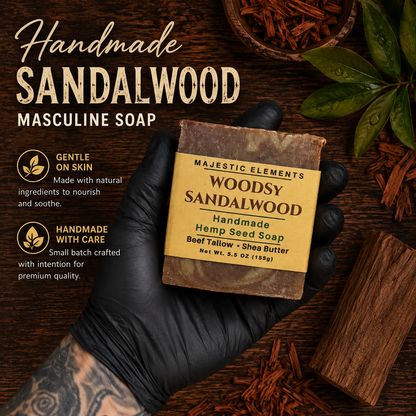 SANDALWOOD: Tallow + Hemp Seed Handmade Masculine Soap