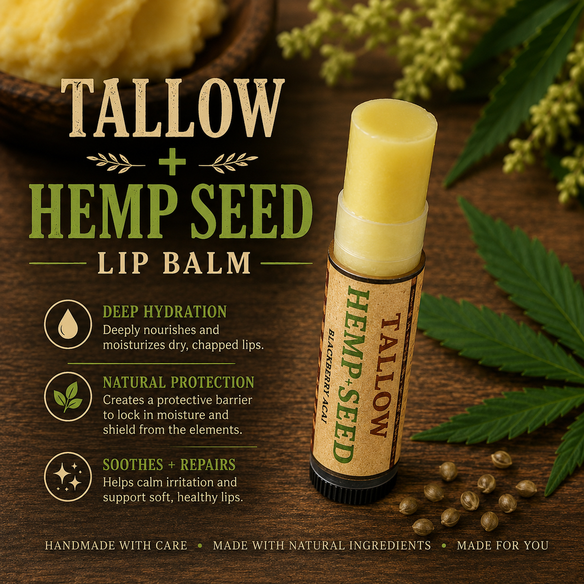 TALLOW + HEMP SEED: Handmade Blackberry Açaí Flavored Nourishing Lip Balm