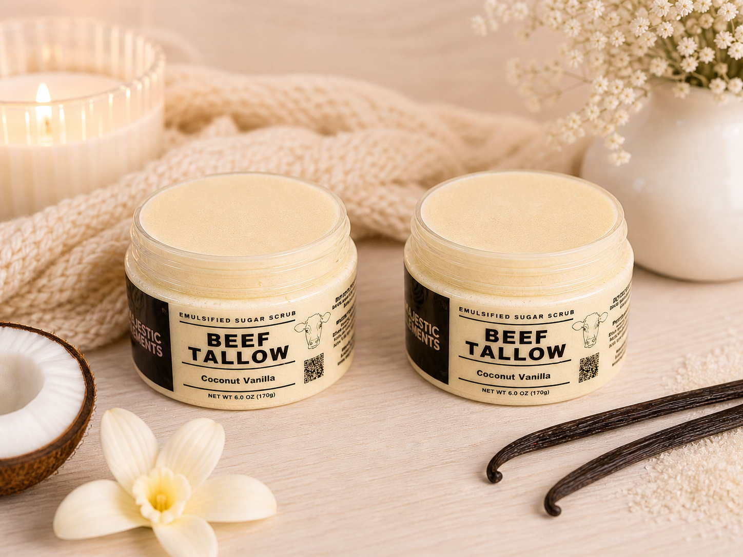 Coconut Vanilla Emulsified Handmade Tallow Sugar Scrub Body Scrub