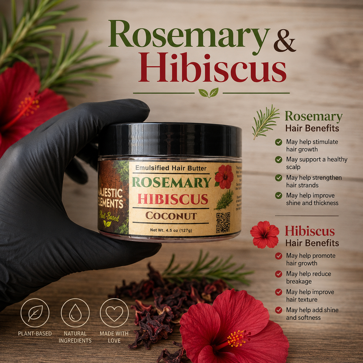 ROSEMARY & HIBISCUS: Handmade Coconut Scented Hair Butter