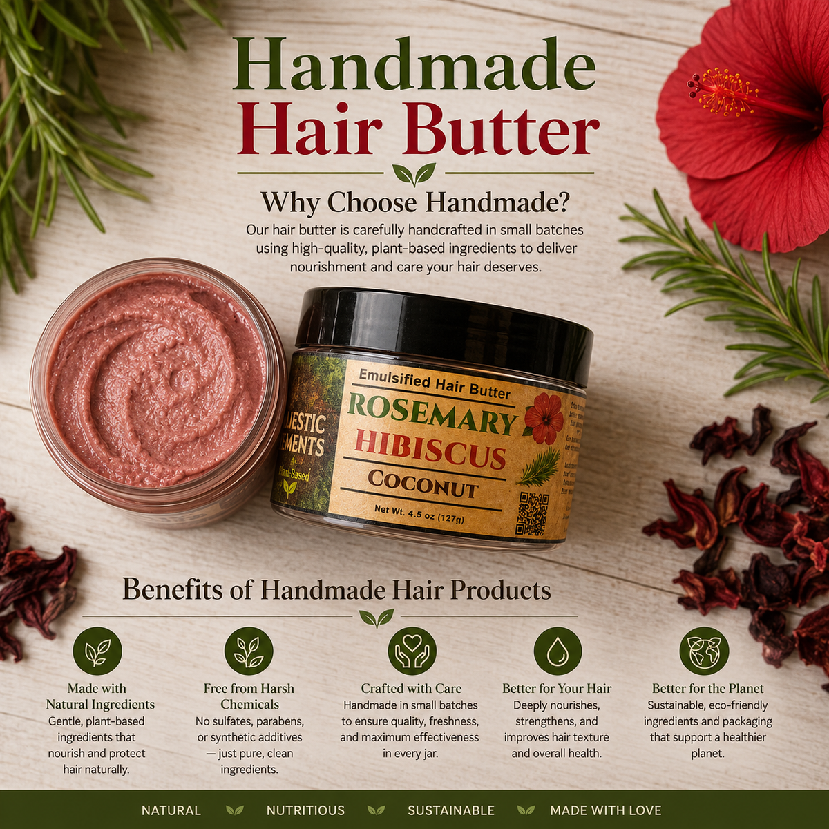 ROSEMARY & HIBISCUS: Handmade Coconut Scented Hair Butter