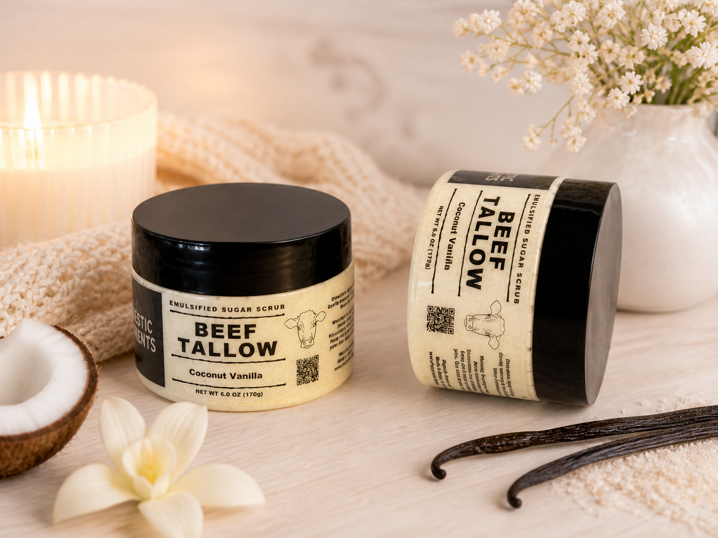 Coconut Vanilla Emulsified Handmade Tallow Sugar Scrub Body Scrub