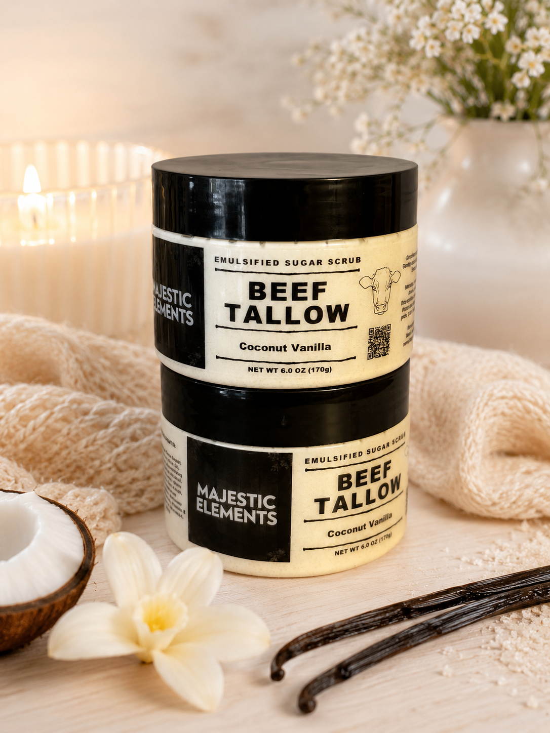 Coconut Vanilla Emulsified Handmade Tallow Sugar Scrub Body Scrub