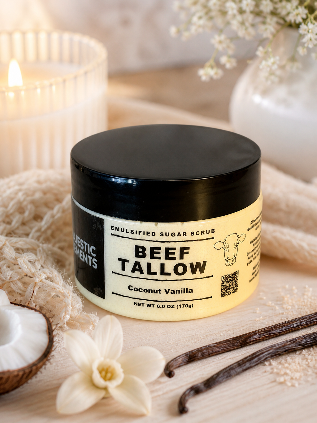 Coconut Vanilla Emulsified Handmade Tallow Sugar Scrub Body Scrub
